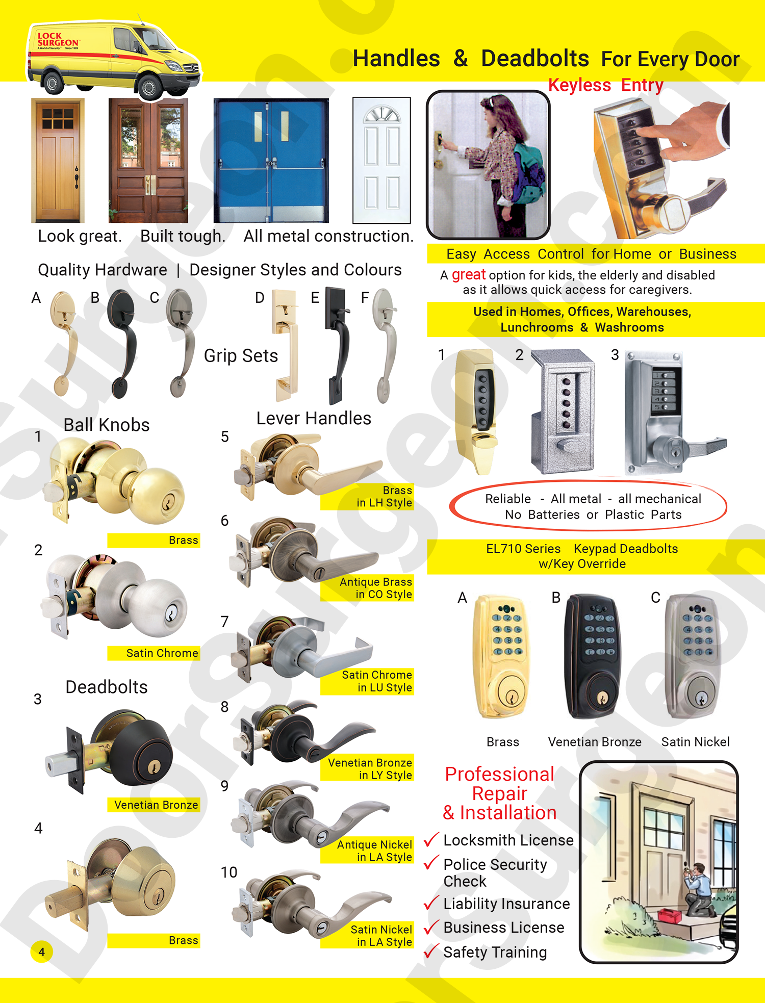 Door handles & deadbolts for every door, all metal construction, superior grip sets with deadbolts.