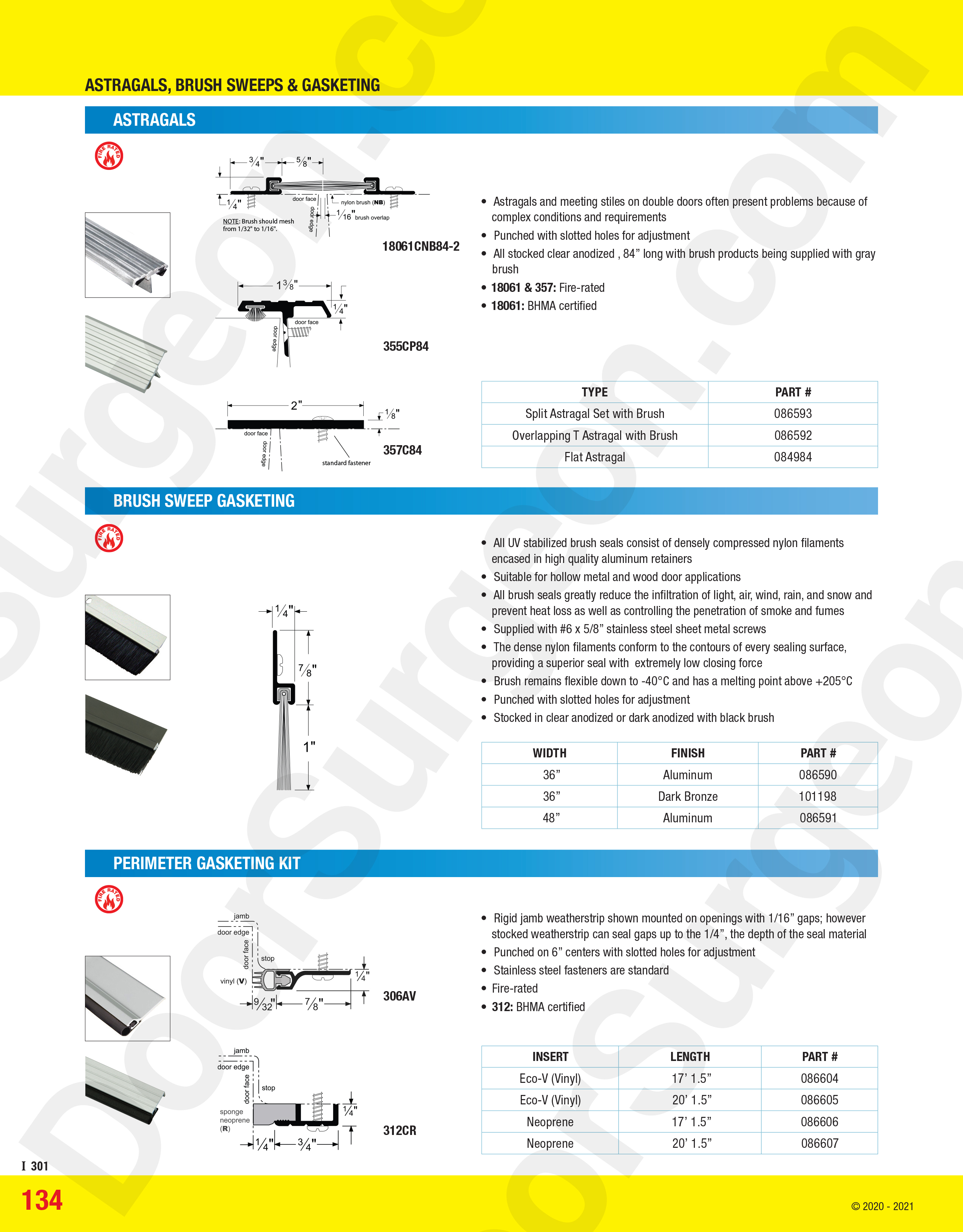 Astragals brush sweeps and gasketing for doors sales and installations.