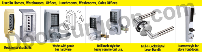 Keyless entry hardware for residential commercial warehouses offices lunchrooms and sales offices.