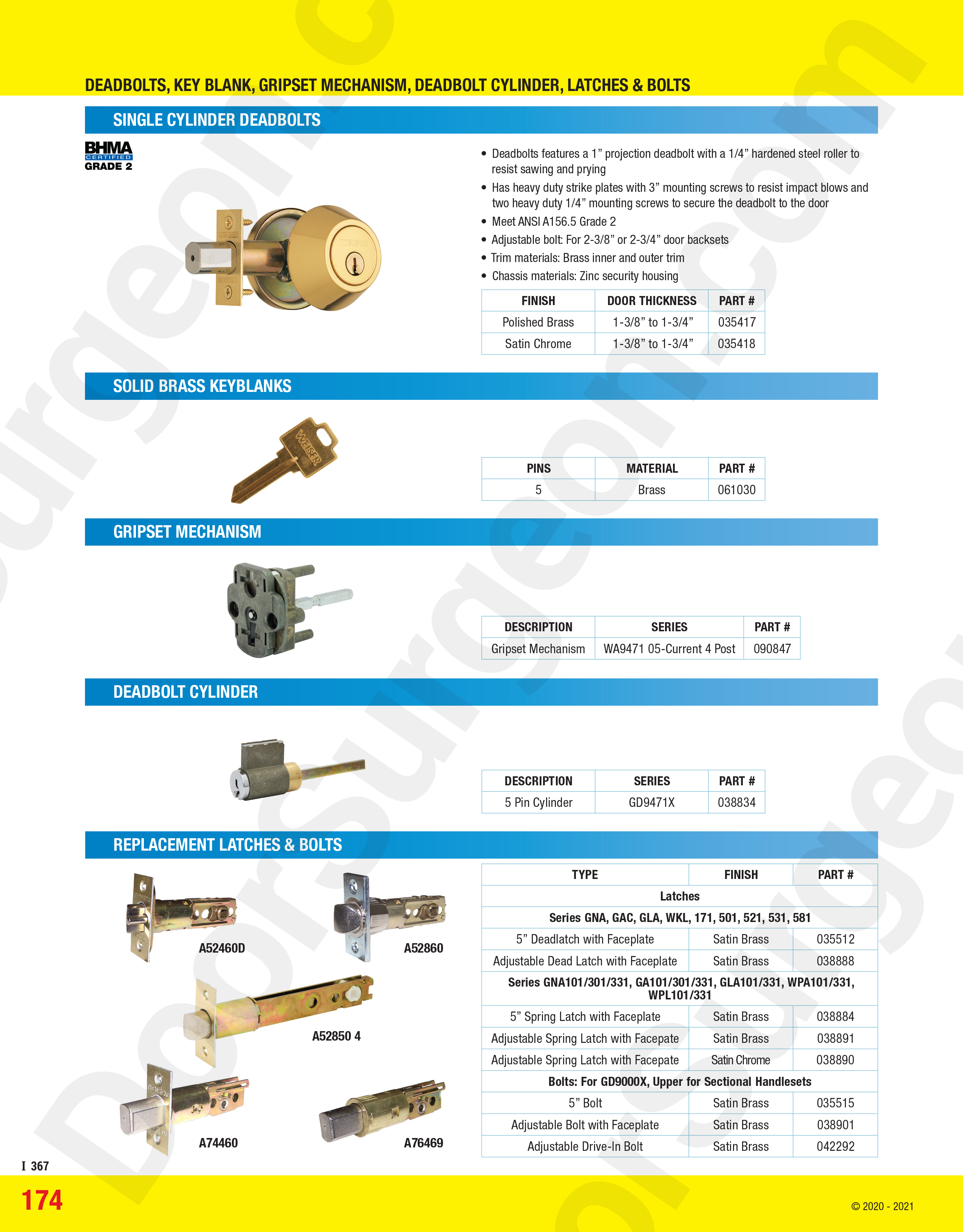 Deadbolt replacement latches and grip set mechanisms for repair.