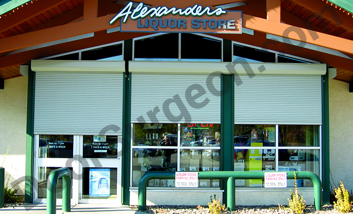 Roll shutter protection on liquor store windows.