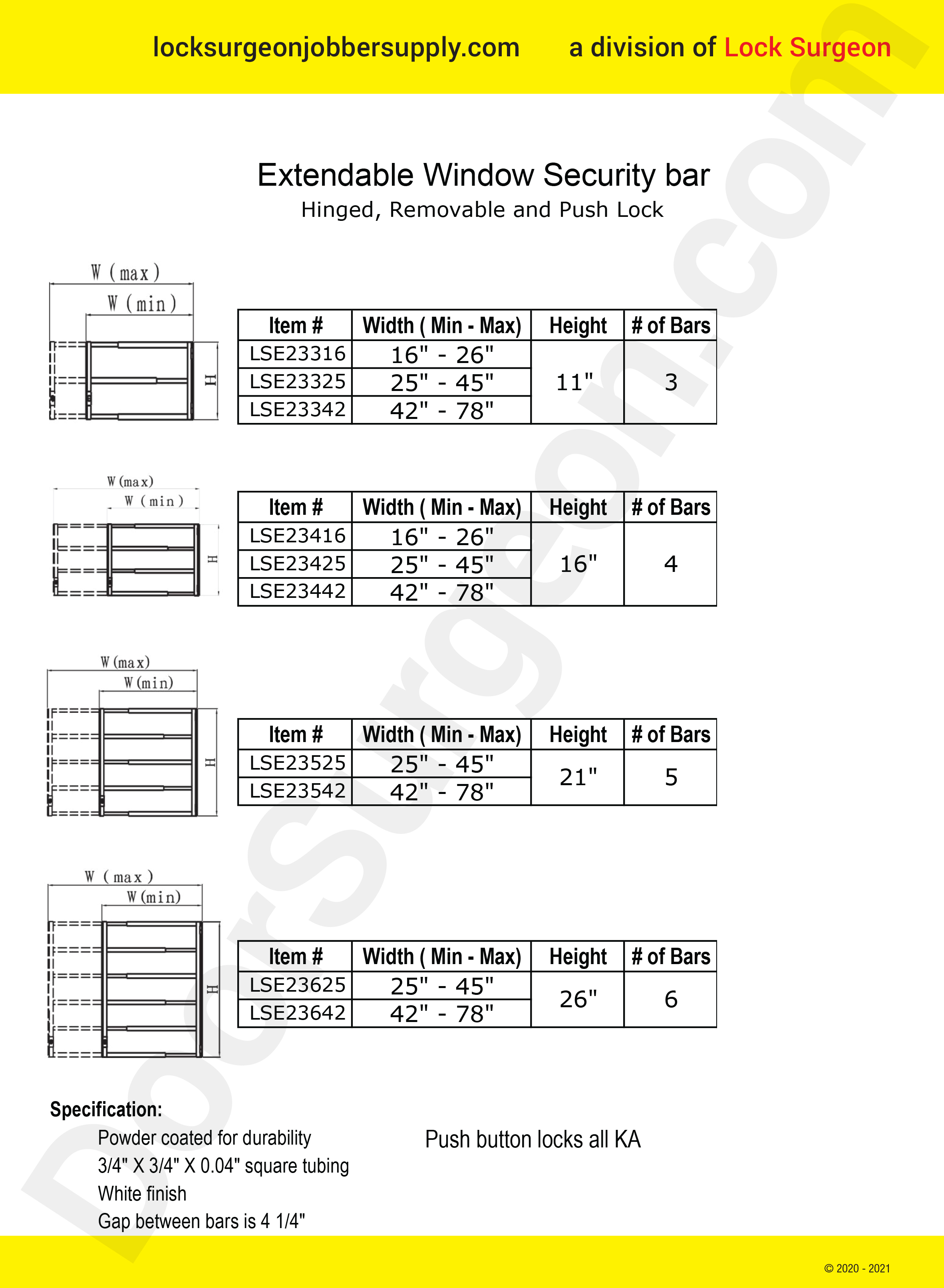 Window Bars-Window Bars-Extendable Window Security Bar-Hinged-Removable and Push Lock