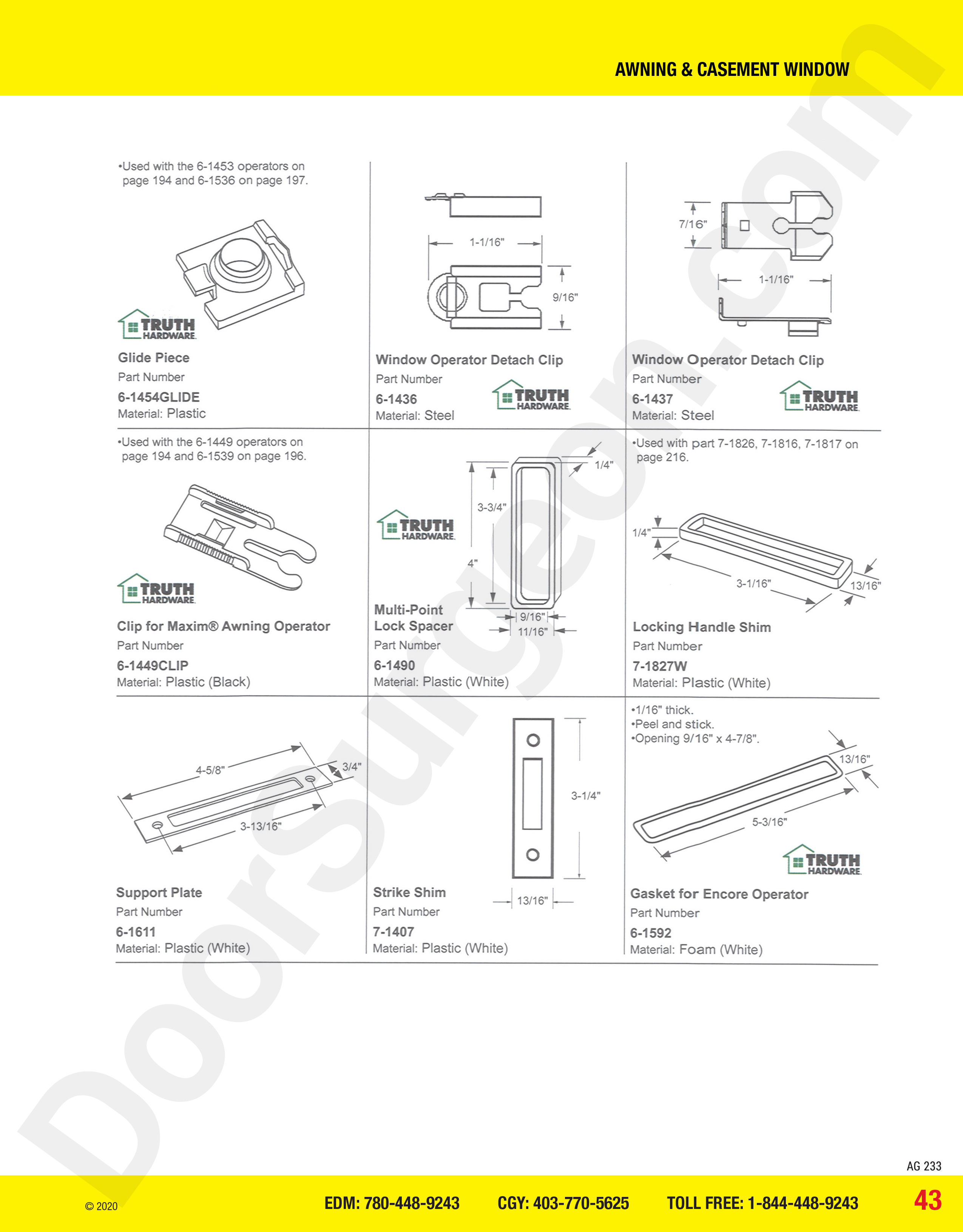 awning and casement window parts for clips, shims and spacers