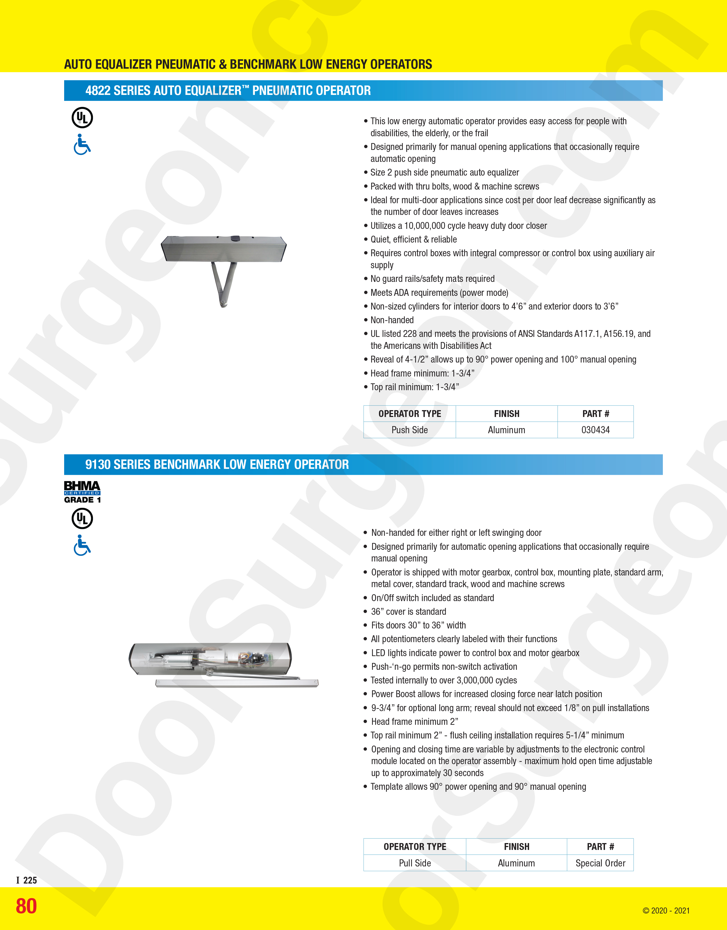 4822 series Auto Equalizer pneumatic operator and 9130series benchmark low energy operator