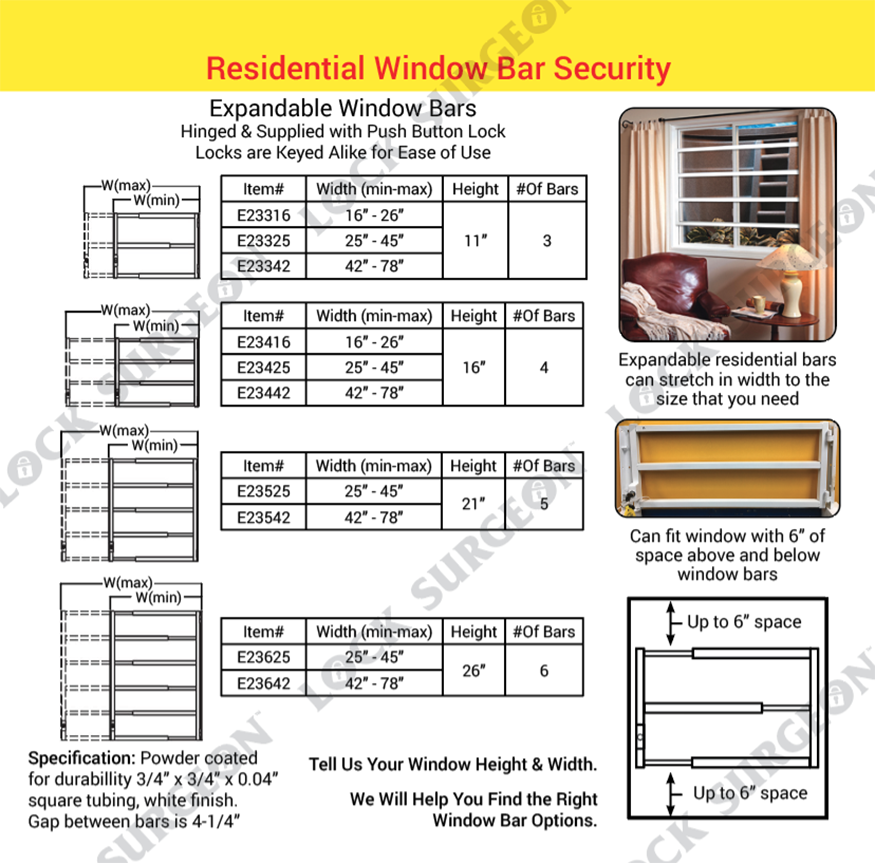 Leduc residential window security bars, hinged, comes complete with lock.