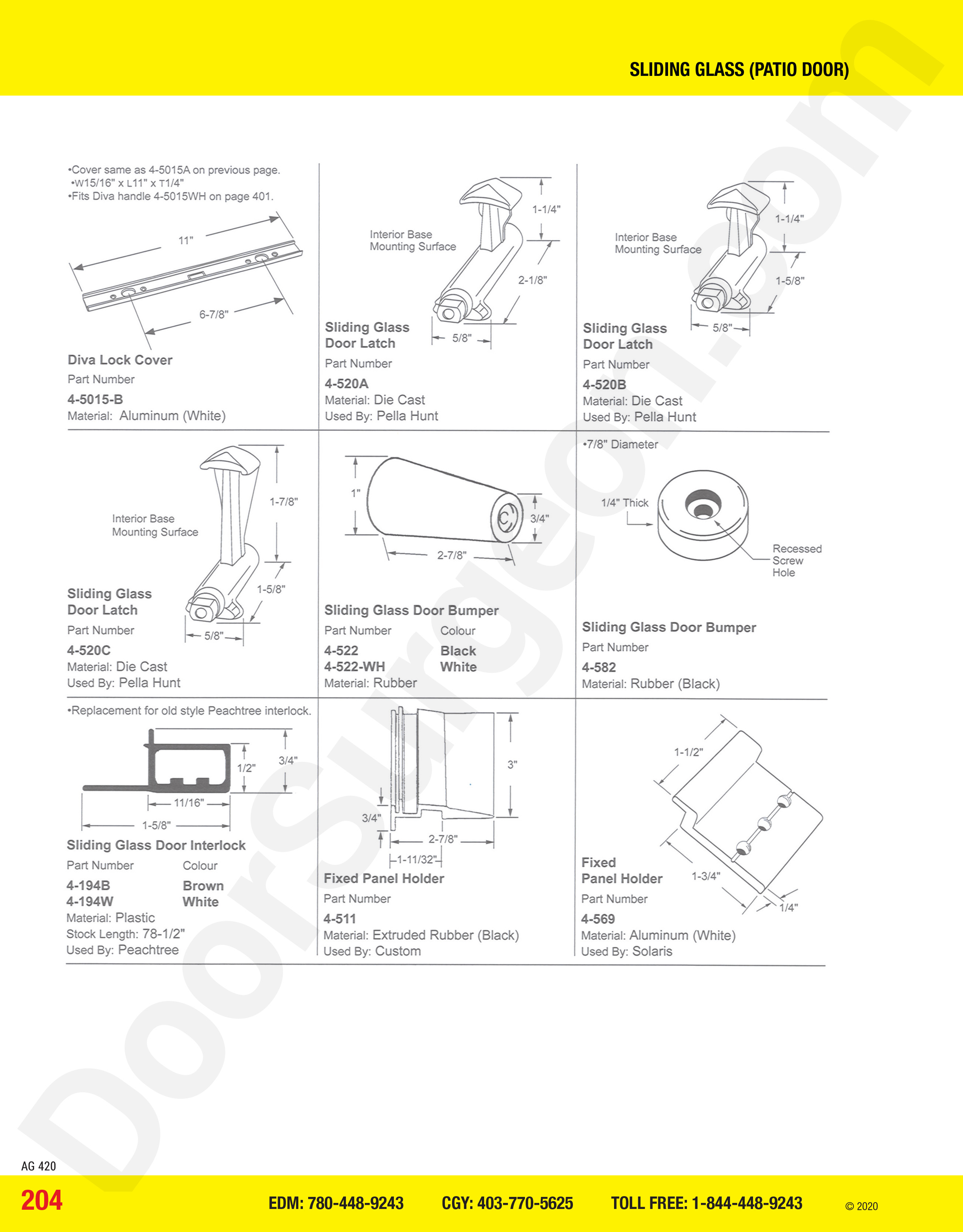 Sliding Glass and Patio Door latches, bumpers, interlocks and holders