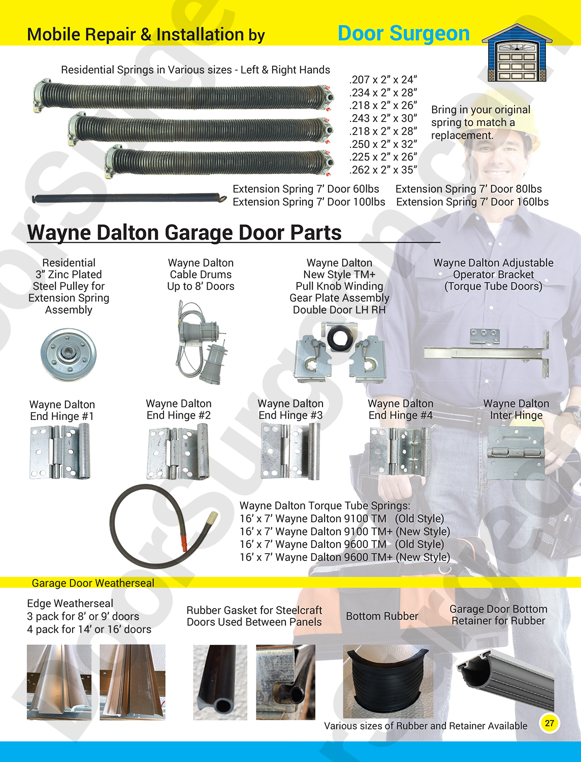 Replacement parts for Wayne Dalton garage doors spring drums gear plates pulleys hinges torque tubes