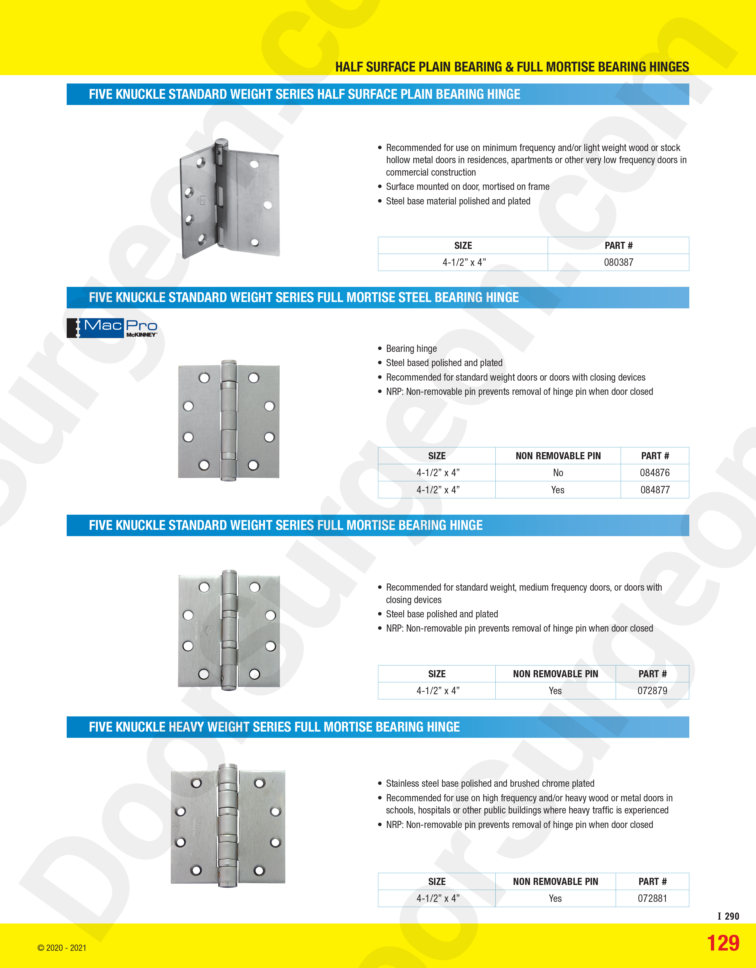 Half-surface plain bearing and full mortise bearing hinges sales and installations.
