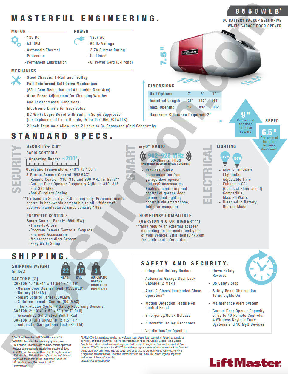 Liftmaster 8550W DC Battery Backup belt drive wi-fi garage door opener standard specification sheet.