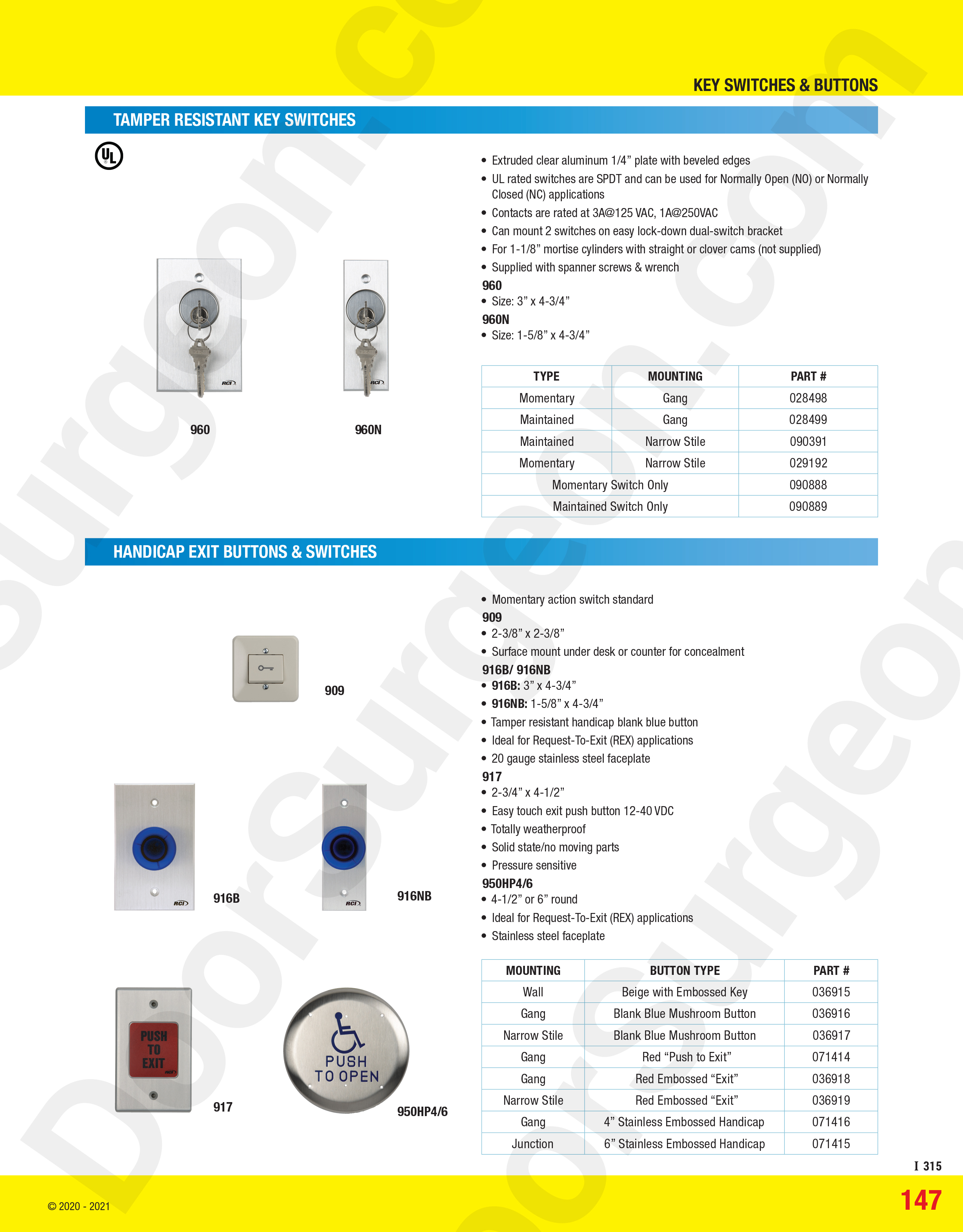 Tamper Resistant key switches, handicap exit buttons and switches