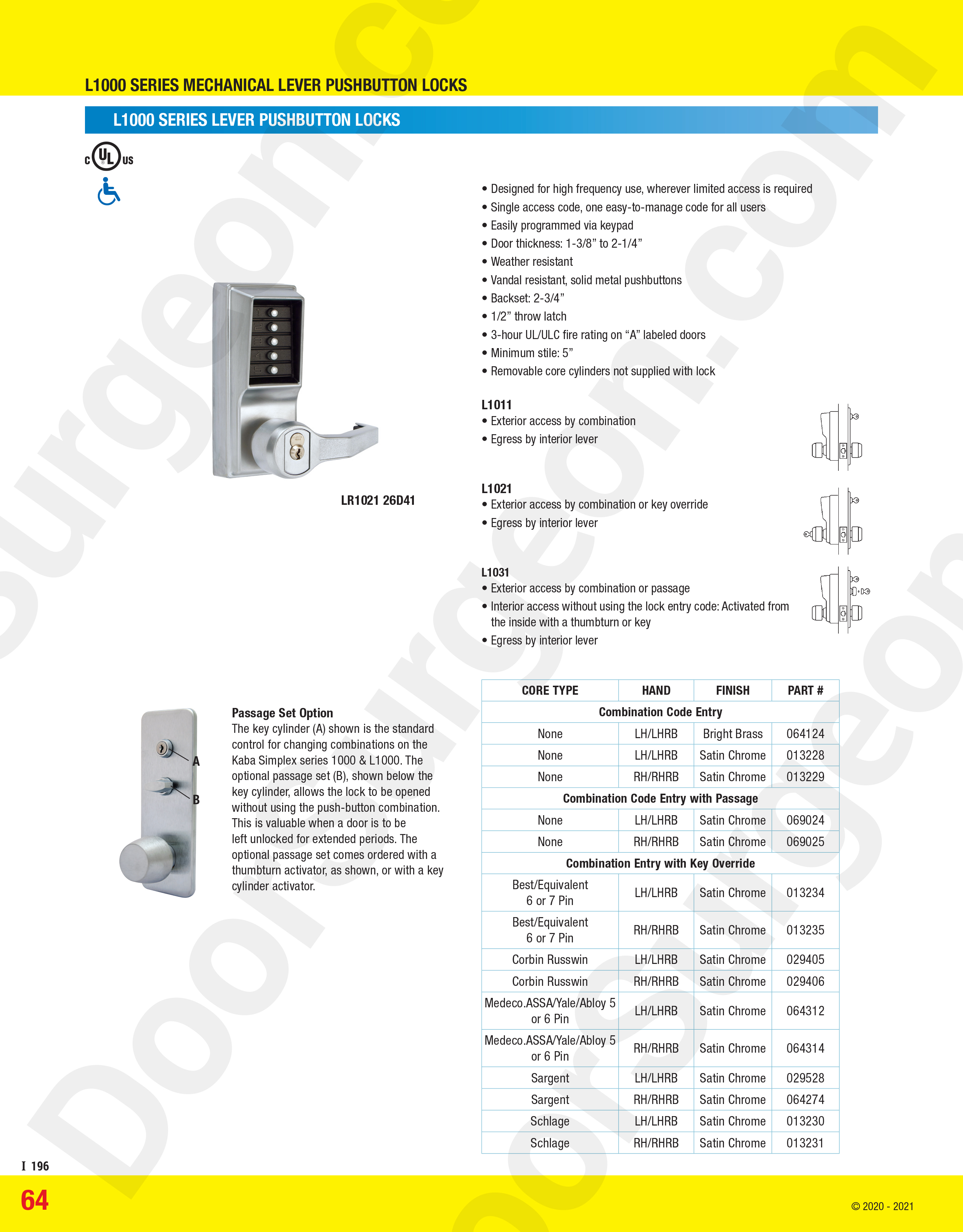 Door Surgeon Unican L1000 series pushbutton locks for commercial doors.