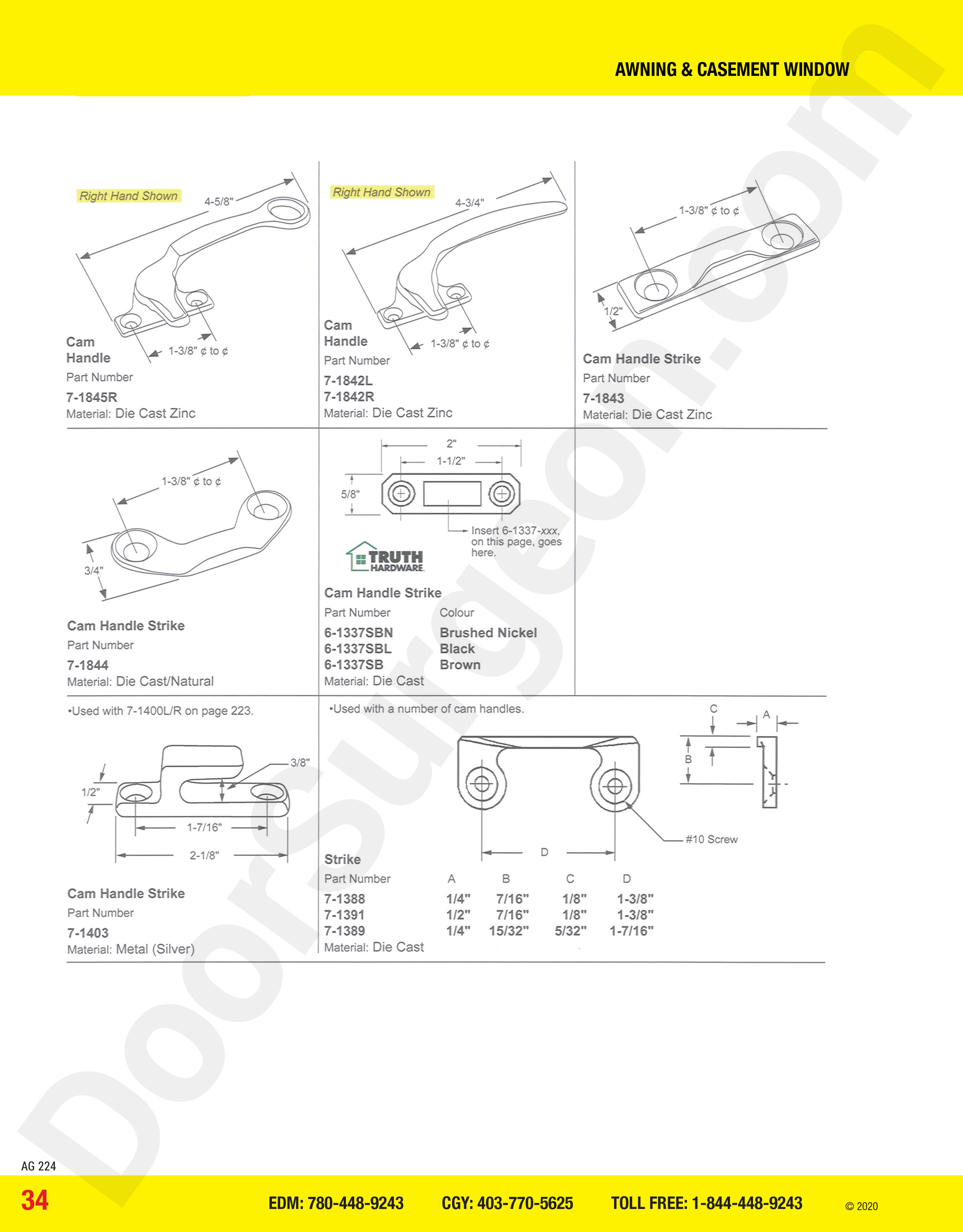 awning and casement window parts for cam handle strikes